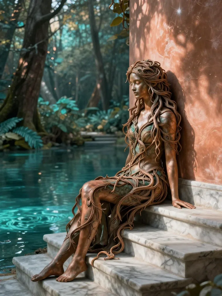 a dryad with vine-woven hair in a forest pool in a wind-swept lean against a wall, on a marble staircase at dawn, mythol