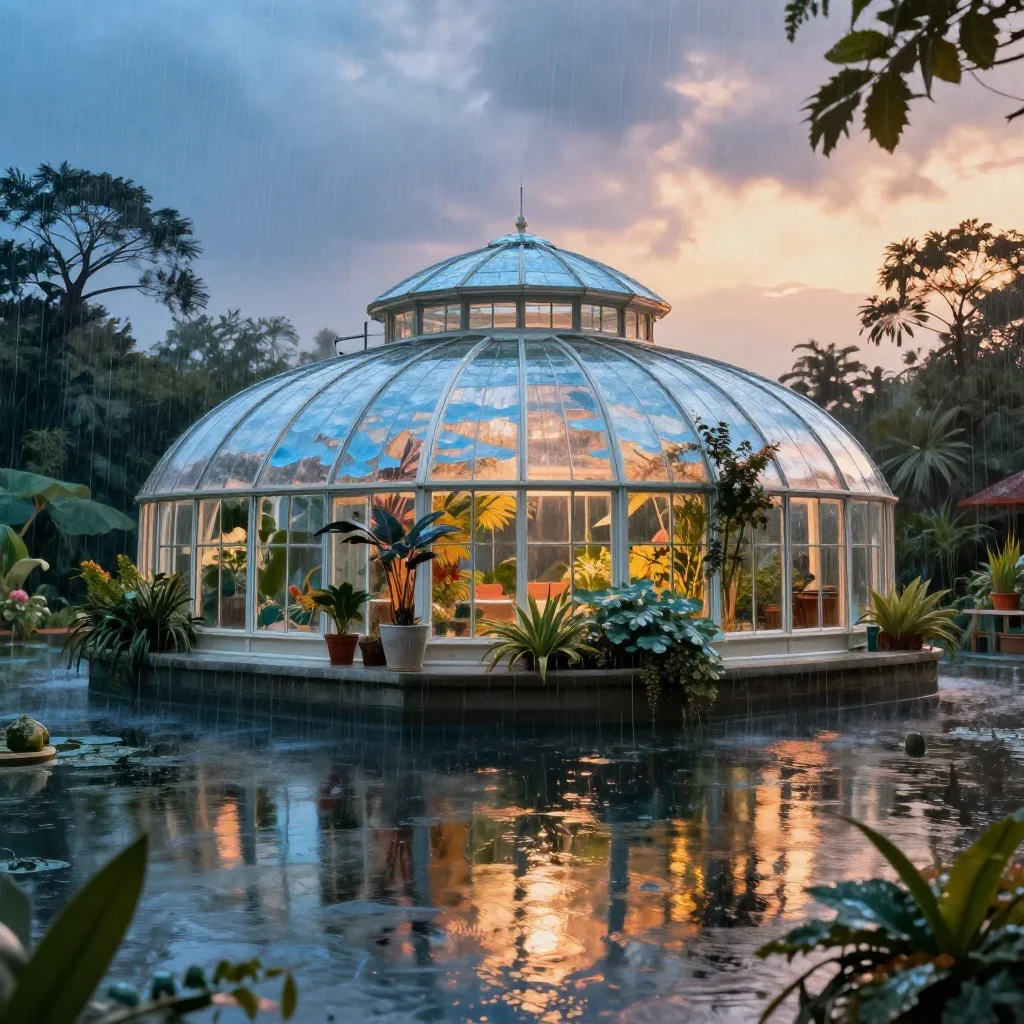 a floating botanical conservatory after warm summer rain, dreamlike fine-art landscape photography, gentle reflected lig