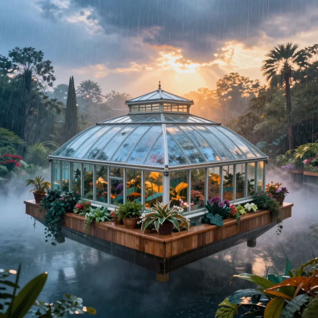 a floating botanical conservatory after warm summer rain, dreamlike fine-art landscape photography, atmospheric depth, i