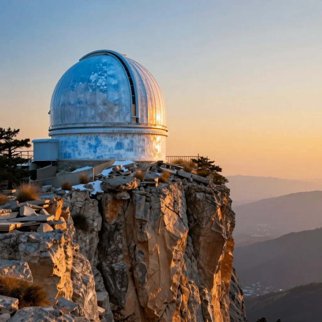 a cliffside observatory during golden hour, dreamlike fine-art landscape photography, weathered tactile surfaces, ice bl