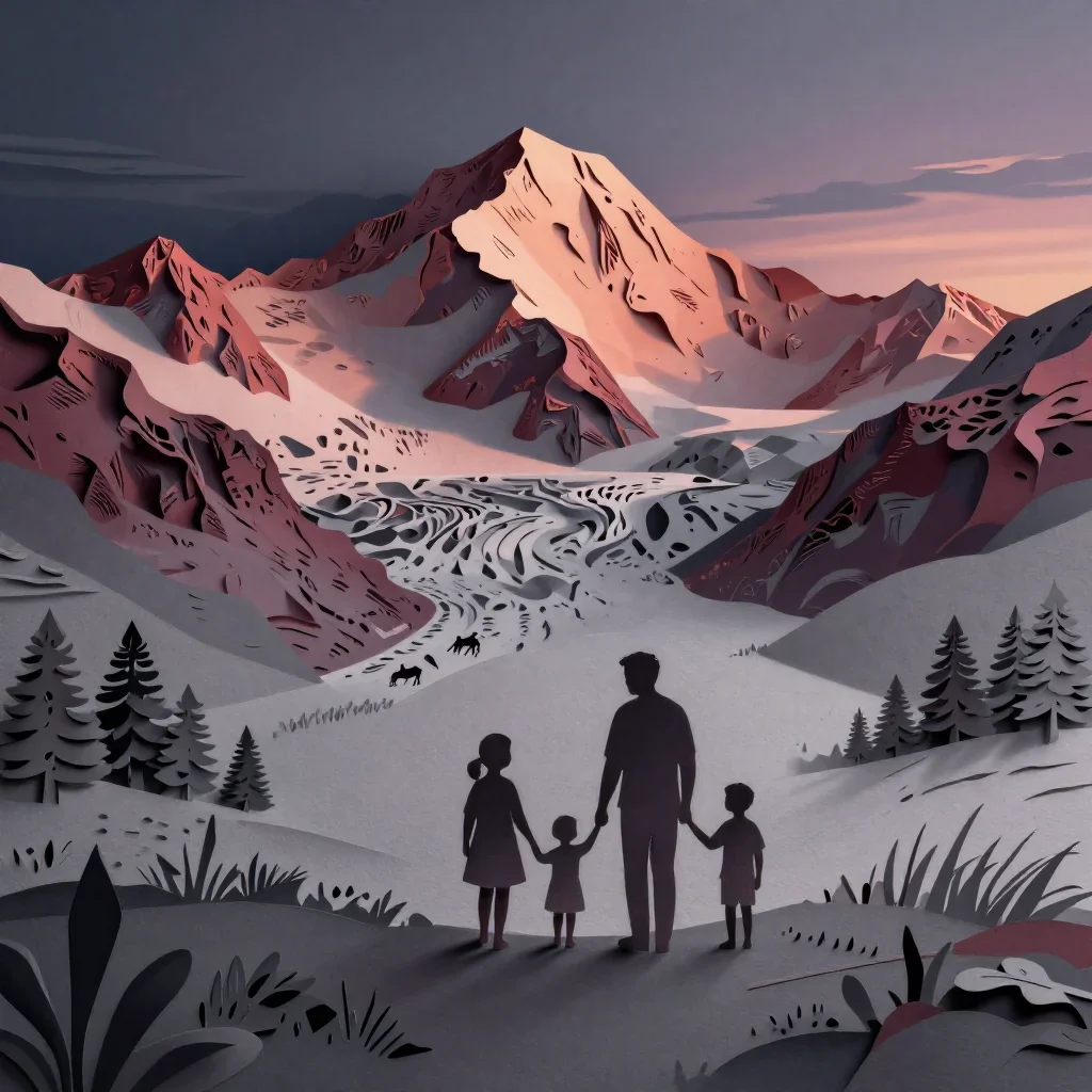 an alpine meadow beneath glaciers at blue hour, intricate paper-cut illustration, clean natural textures, garnet and war