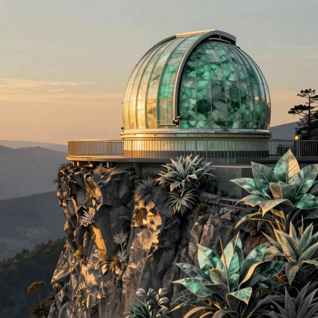 a cliffside observatory during golden hour, contemporary botanical illustration, careful geometric composition, jade and