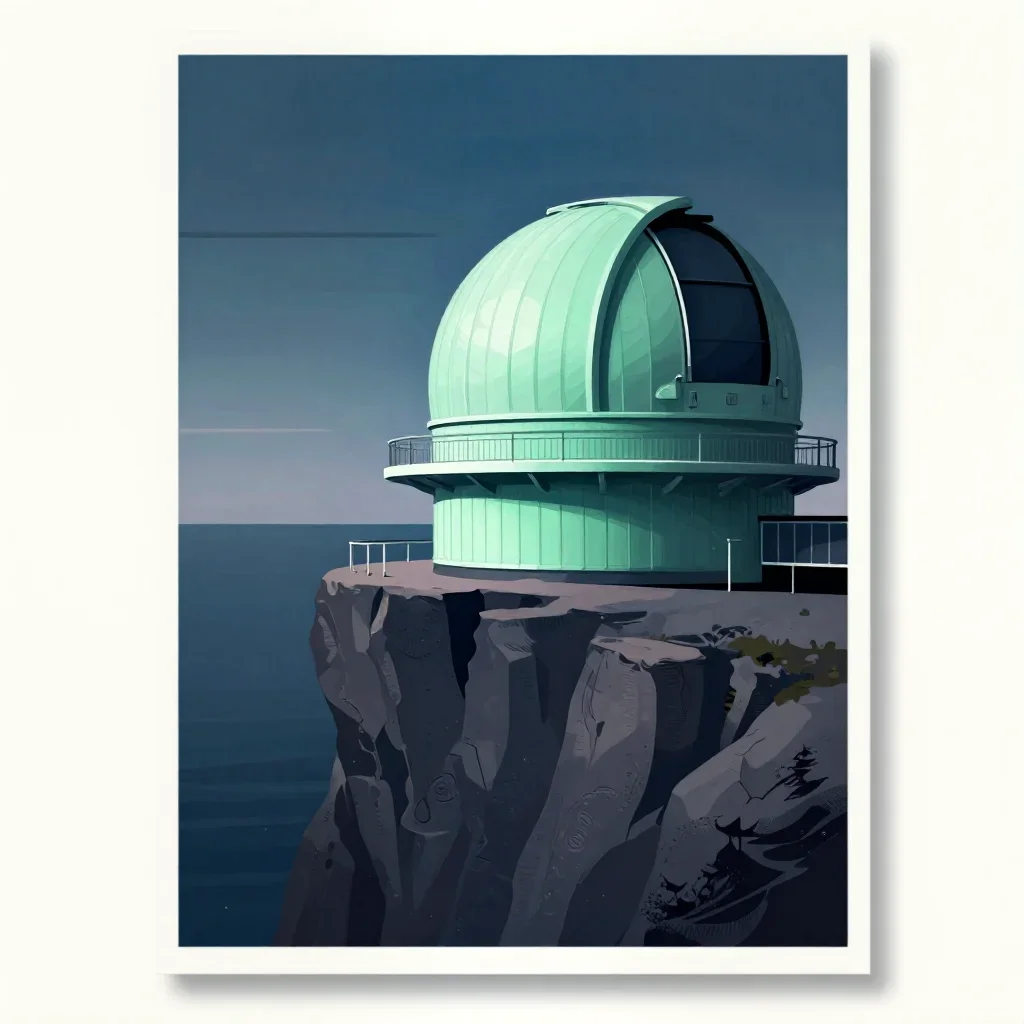 a cliffside observatory at blue hour, modernist poster illustration, crisp material detail, jade and charcoal palette, no people, no text, no logo, no watermark