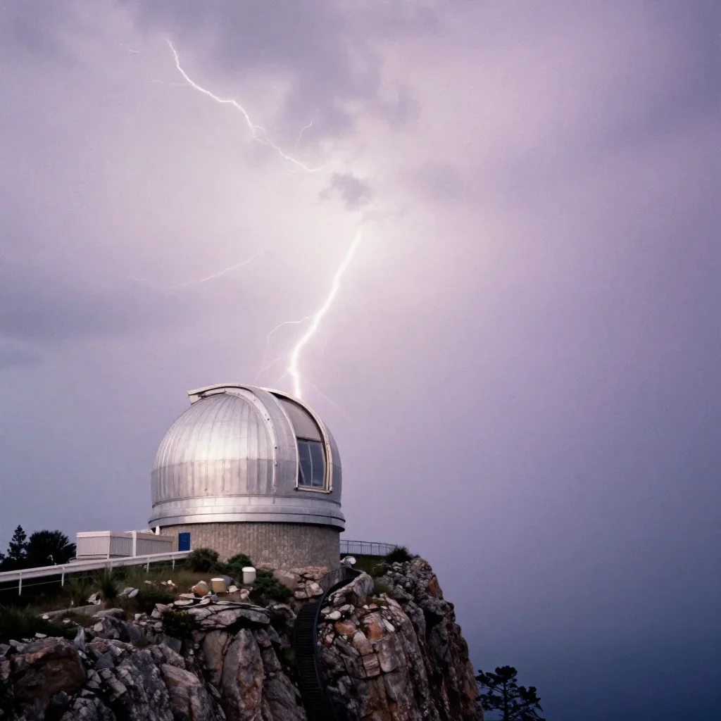 a cliffside observatory after a distant thunderstorm, soft-grain analog film photography, soft volumetric light, lavende