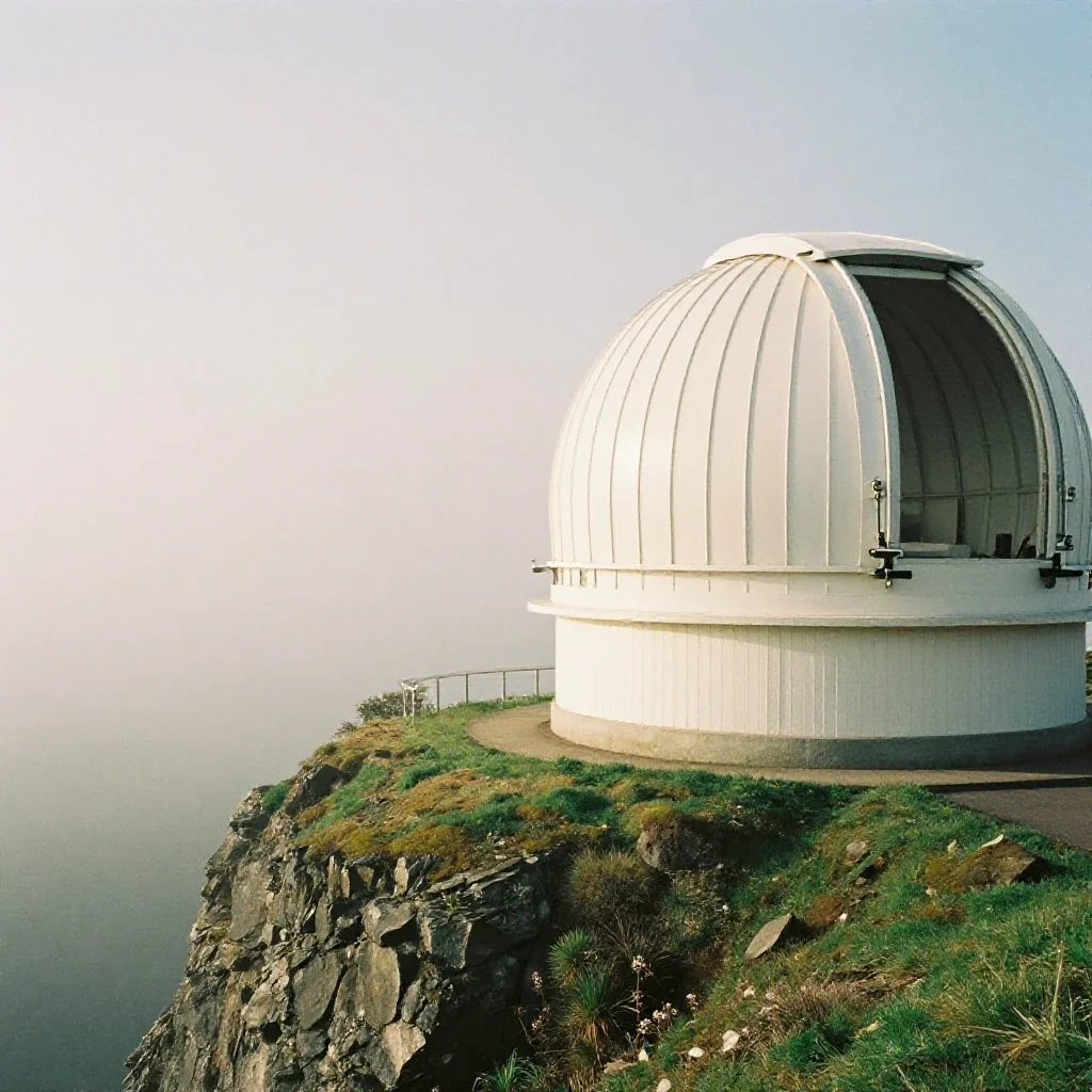 a cliffside observatory in early spring mist, soft-grain analog film photography, careful geometric composition, moss gr