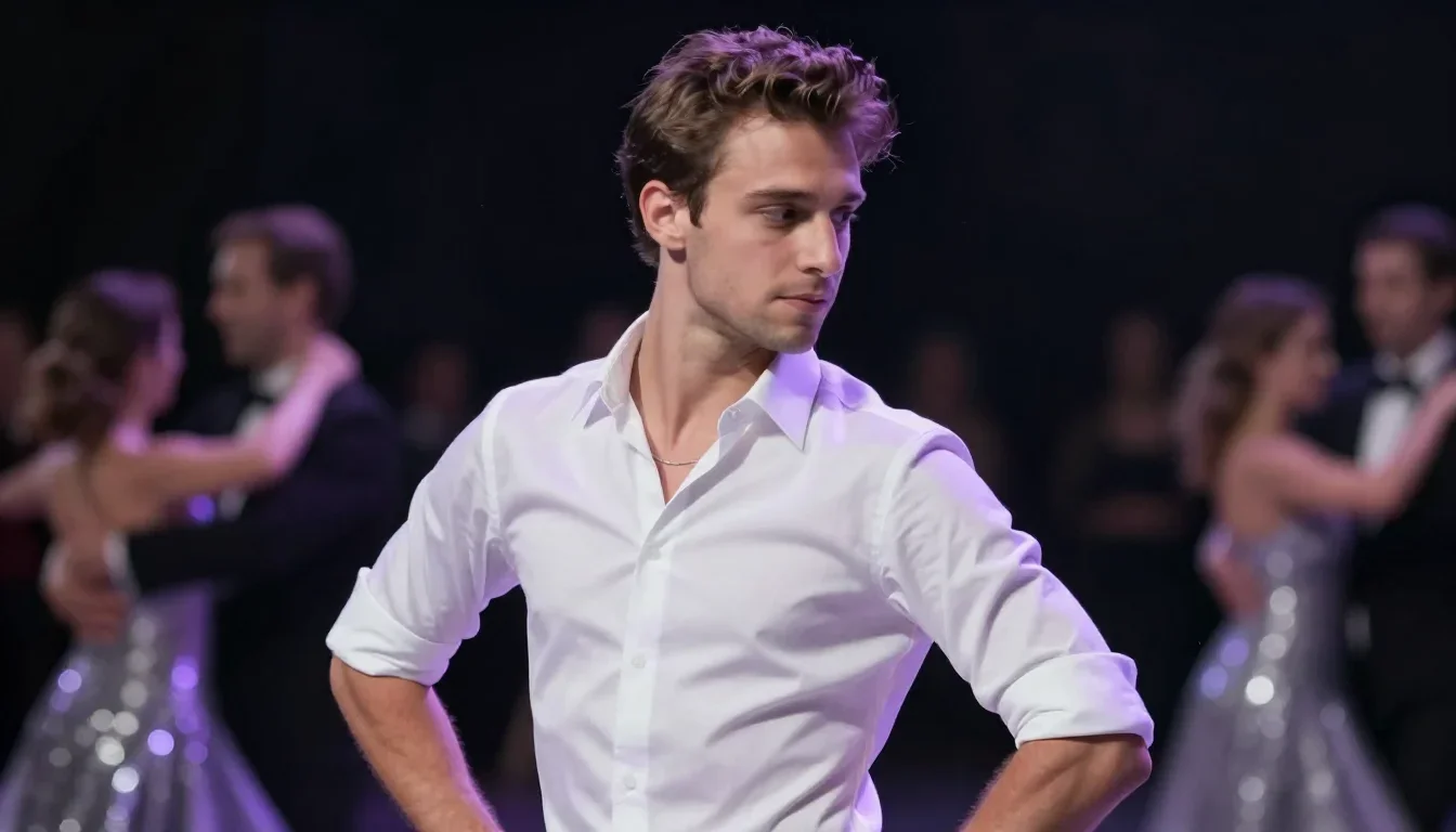 a handsome man in a rolled-sleeve white shirt in an alluring over-the-shoulder glance, on a midnight dance floor, cinema