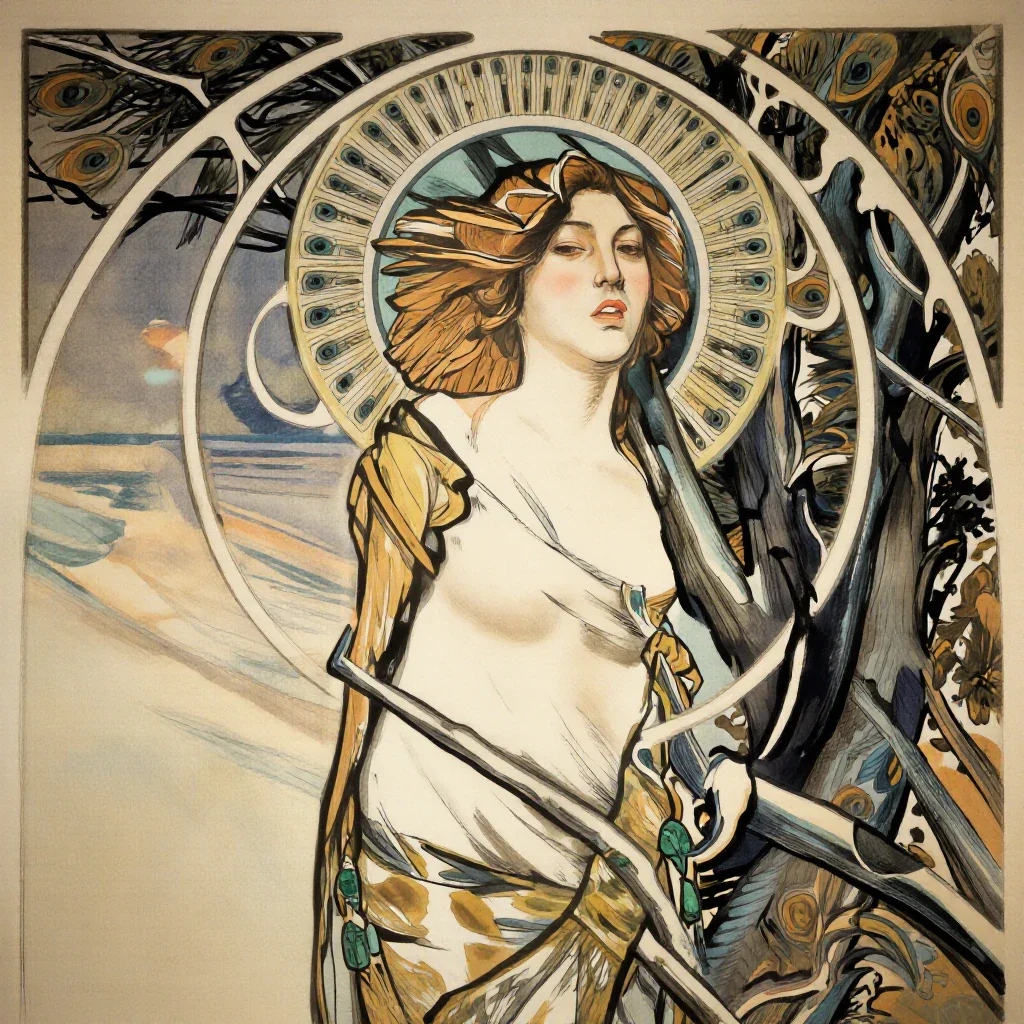 Art-nouveau femme fatale with peacock halo, emerald jewelry, Alphonse Mucha linework, ink wash