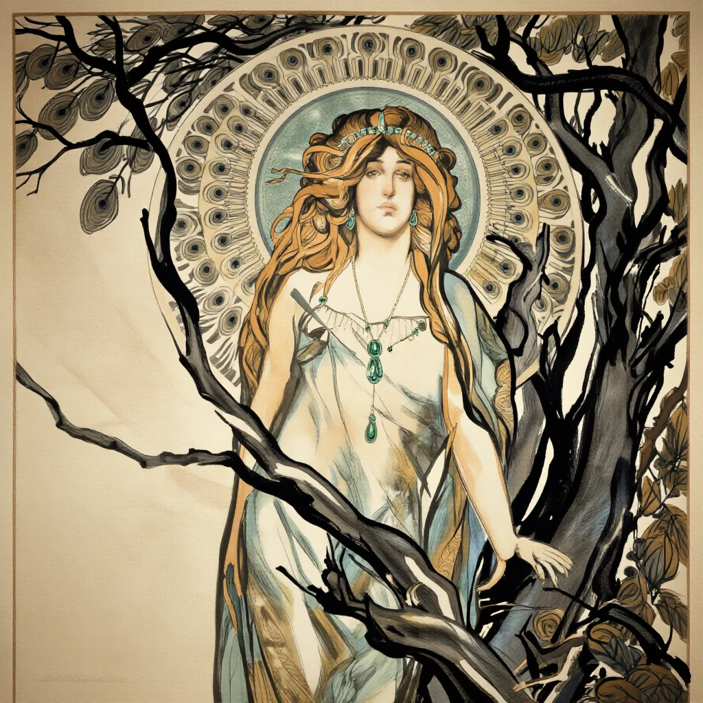 Art-nouveau femme fatale with peacock halo, emerald jewelry, Alphonse Mucha linework, ink wash