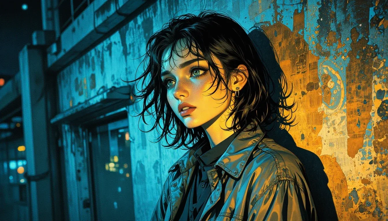 a streetwear influencer with wet-look hair in a wind-swept lean against a wall, on a neon-lit rooftop at midnight, neo-n