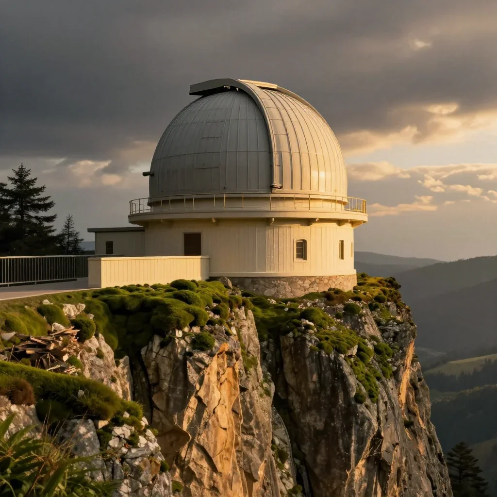a cliffside observatory during golden hour, cinematic architectural photography, atmospheric depth, moss green and cream