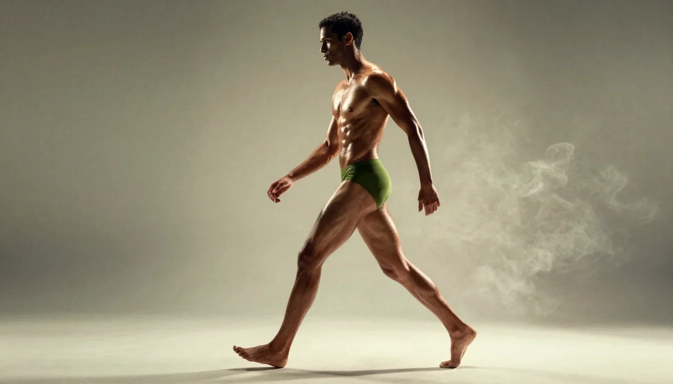 a chiseled athlete in dramatic rim light, oiled skin in a confident cinematic stride, in a smoke-lit photo studio, editorial glamour photography, subtle film grain, moss green and cream palette, no text, no logo, no w...
