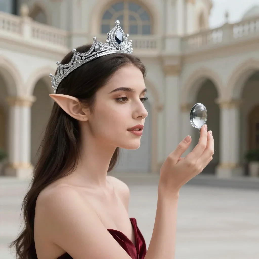 an elven queen in a moonlit silver crown in a gentle reach toward the lens, in a moonlit palace courtyard, Vogue-style s