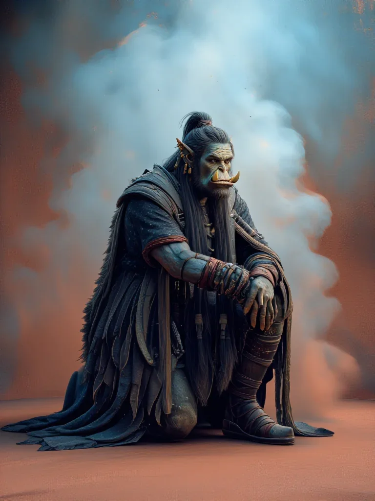 a sorceress in a star-lit midnight cloak in a low lunge with a lifted chin, in a smoke-lit photo studio, National Geogra