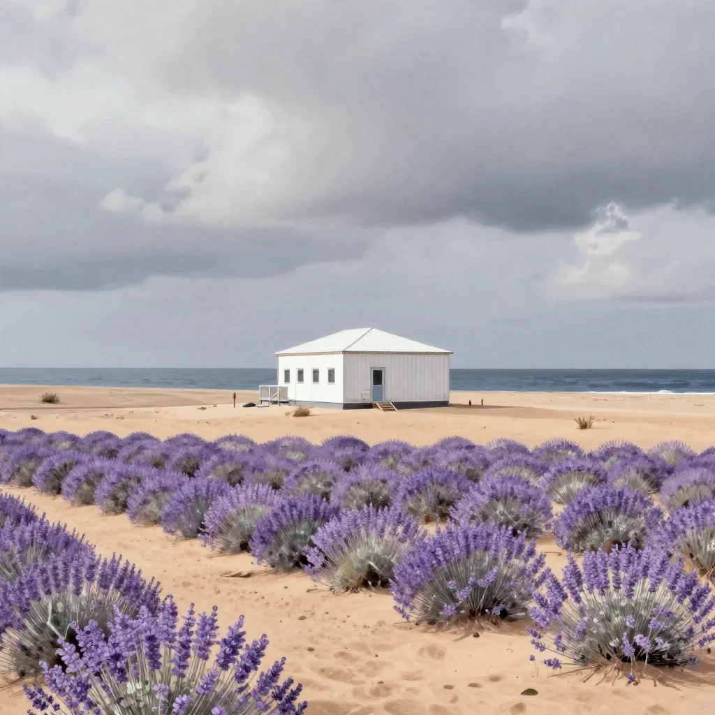 a desert research station under overcast coastal light, Japanese woodblock-inspired editorial art, calm negative space,