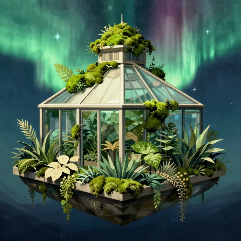 a floating botanical conservatory beneath an aurora, contemporary botanical illustration, careful geometric composition,