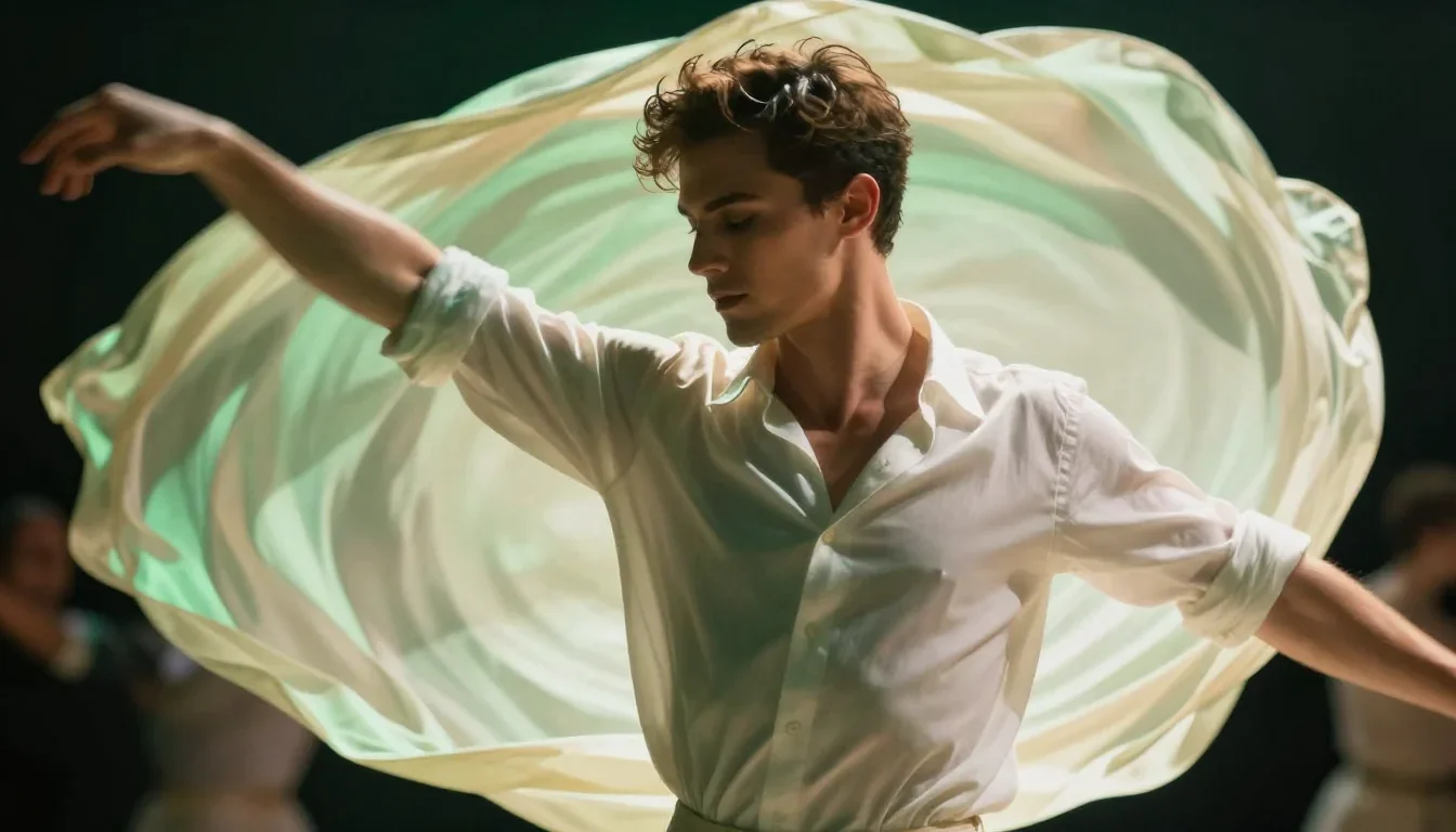 a handsome man in a rolled-sleeve white shirt mid-turn with fabric catching the light, on a midnight dance floor, bold H