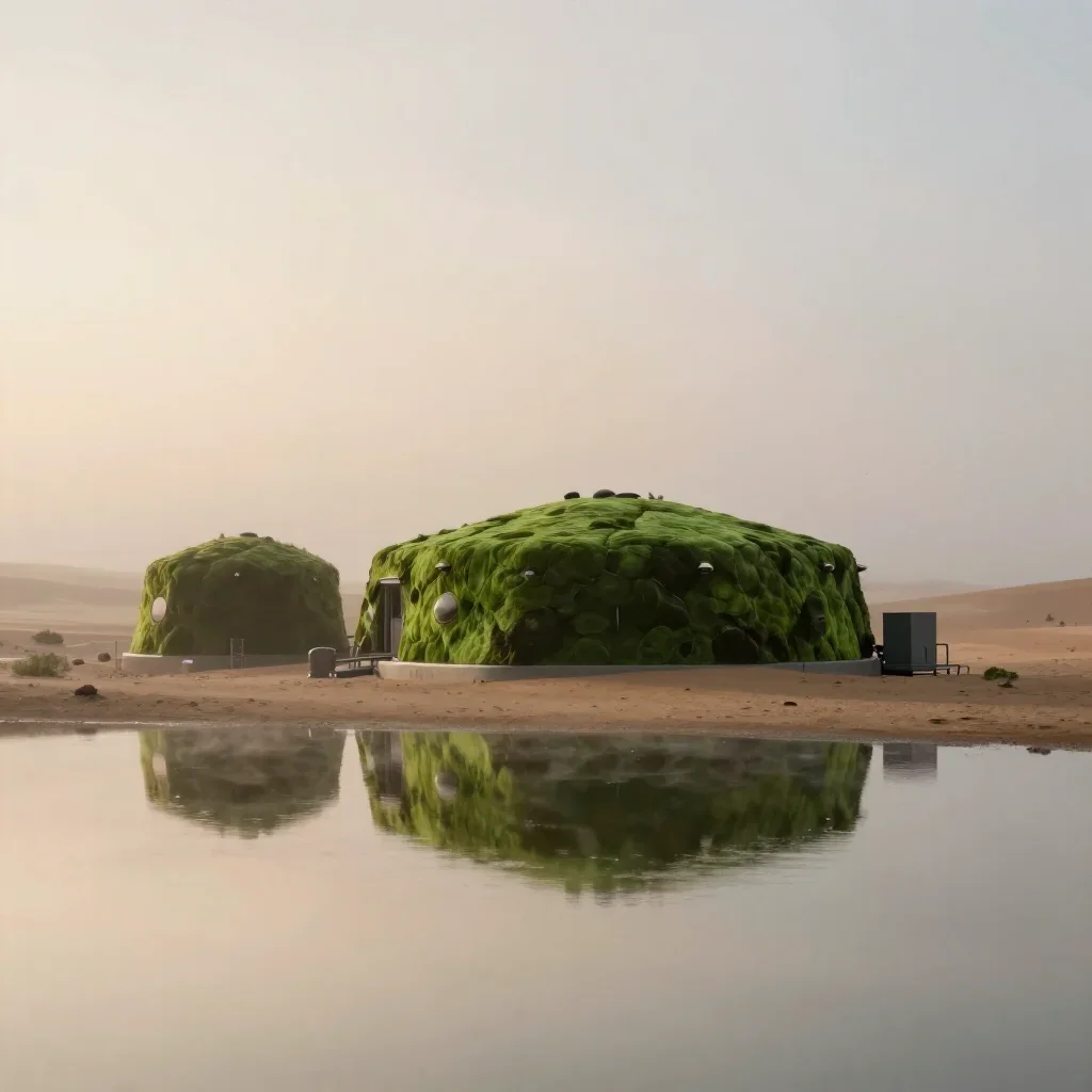 a desert research station under soft dawn fog, refined editorial travel photography, gentle reflected light, moss green
