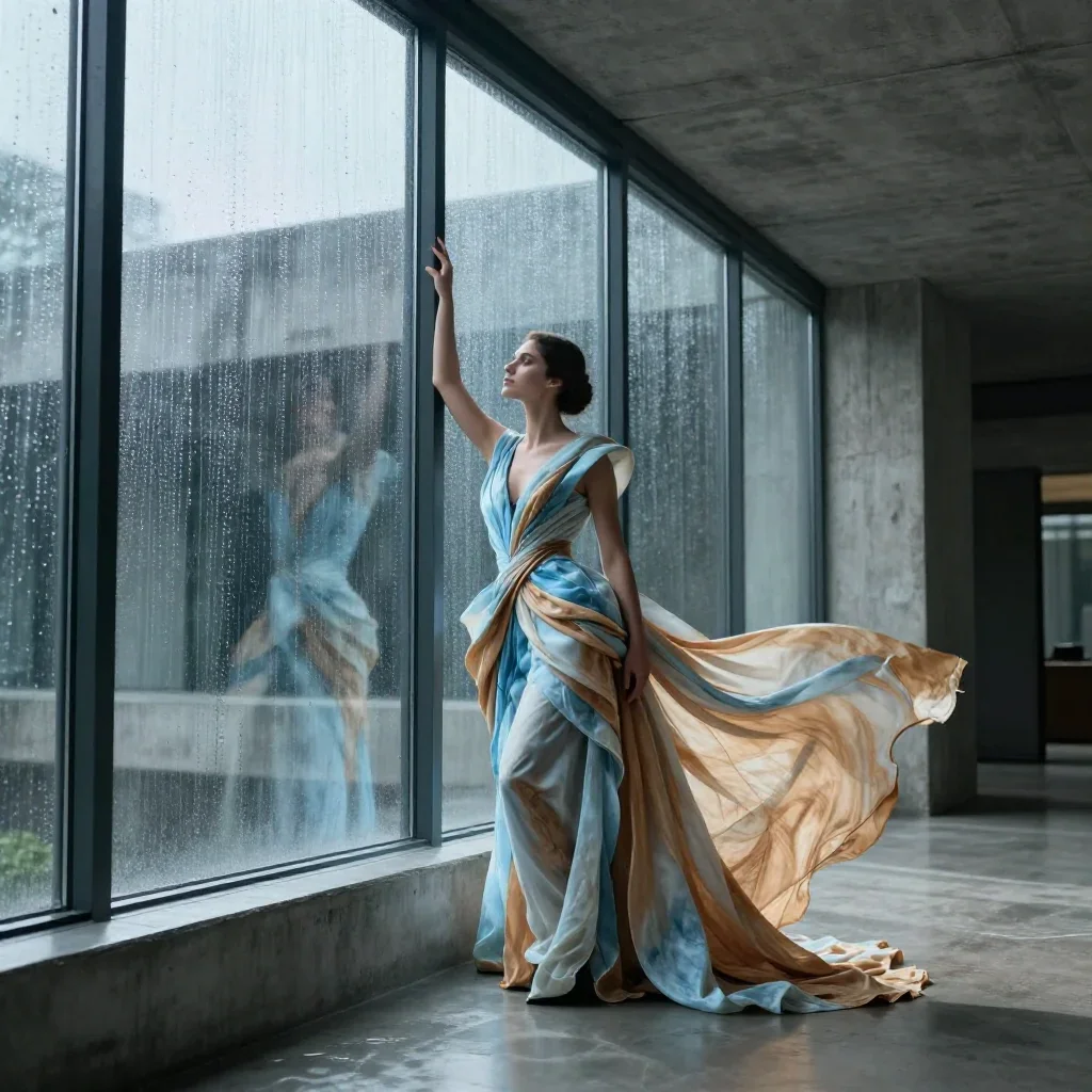 a lover leaning against rain-streaked glass mid-turn with fabric catching the light, in a brutalist concrete atrium, fut