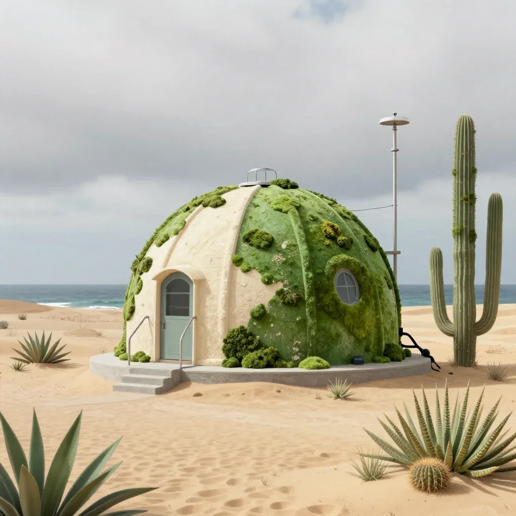 a desert research station under overcast coastal light, contemporary botanical illustration, weathered tactile surfaces,