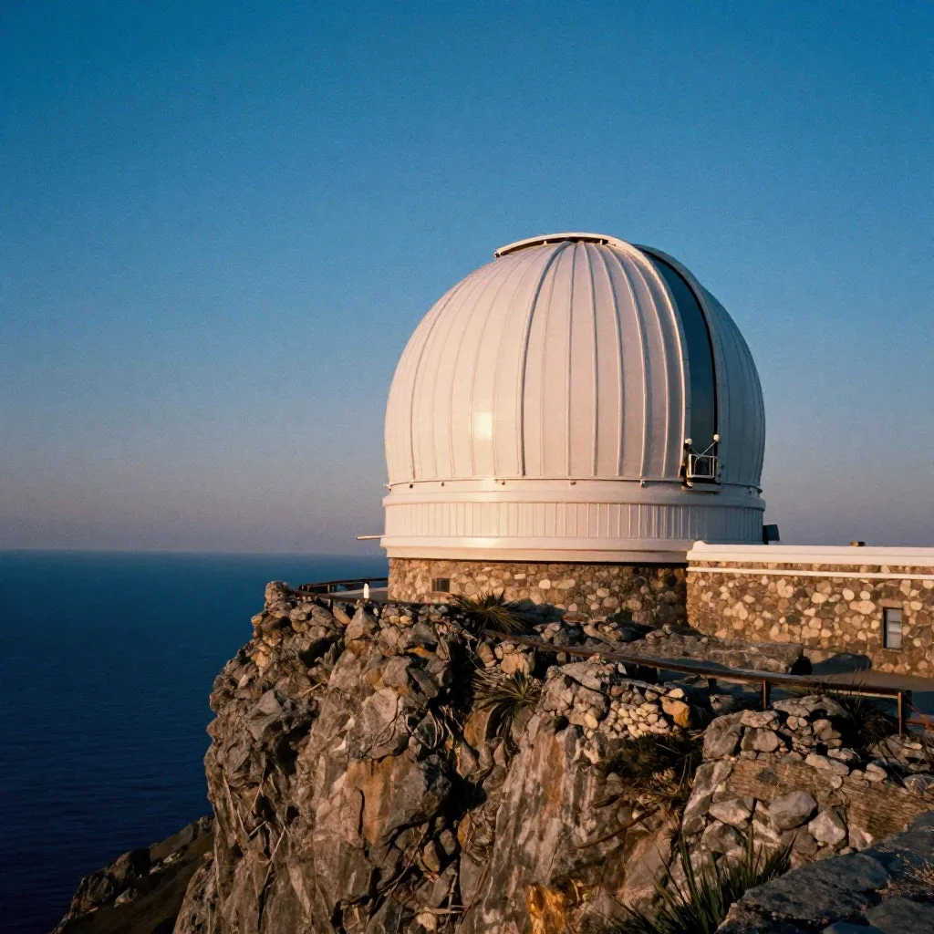 a cliffside observatory at blue hour, soft-grain analog film photography, clean natural textures, cobalt and amber palette, no people, no text, no logo, no watermark