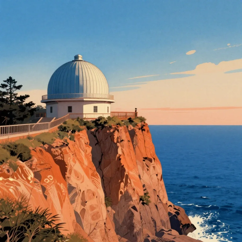 a cliffside observatory in a gentle sea breeze, Japanese woodblock-inspired editorial art, crisp material detail, ochre 