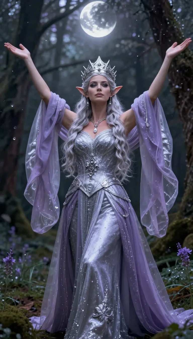 an elven queen in a moonlit silver crown in a bold, open-armed welcome, in a dewy forest clearing, bold Helmut Newton at