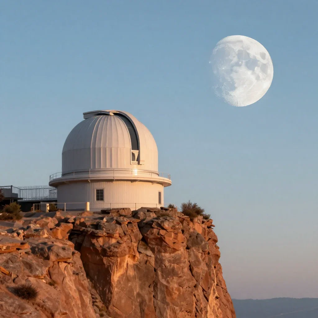 a cliffside observatory at moonrise, quiet science-fiction concept art, clean natural textures, terracotta and pale sky