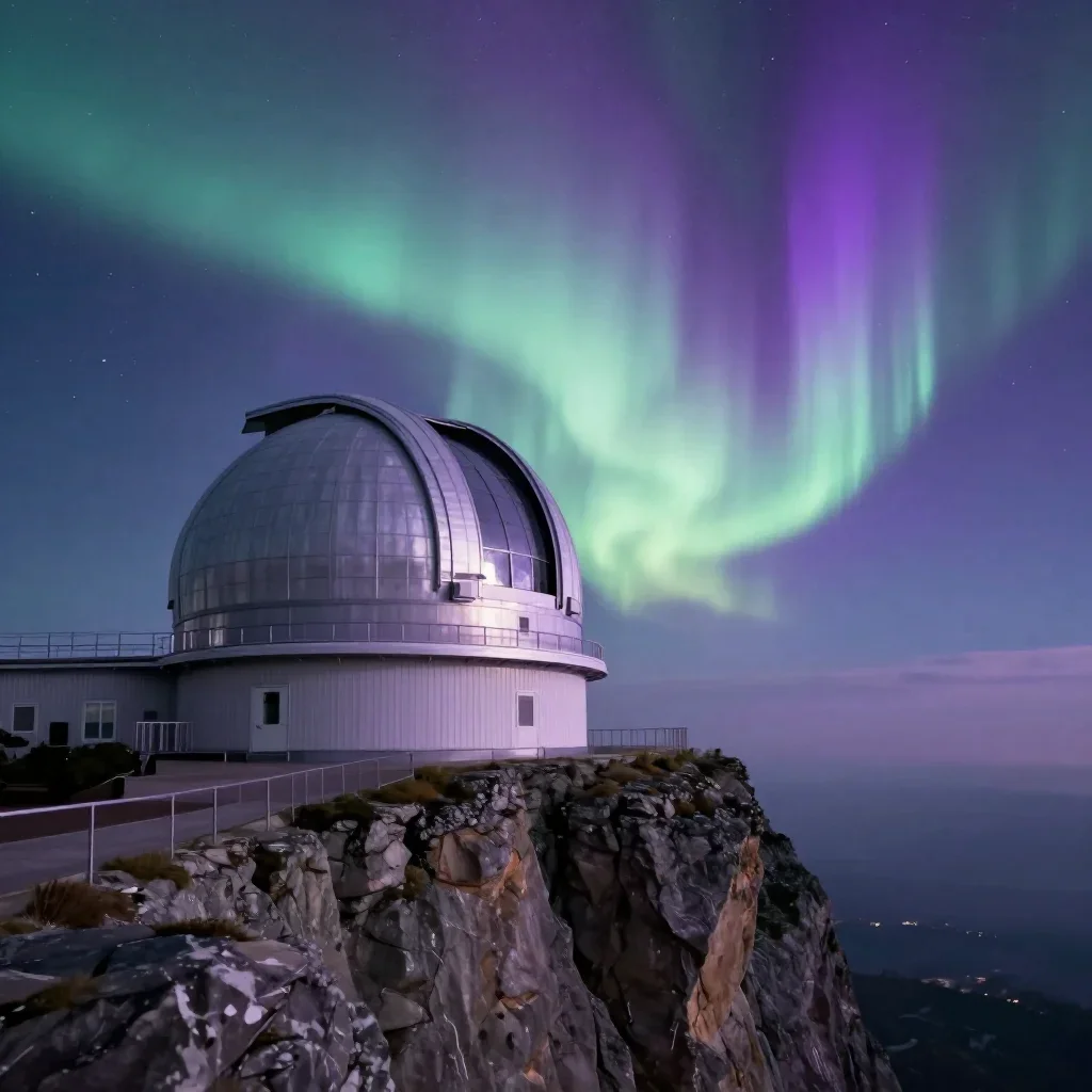 a cliffside observatory beneath an aurora, cinematic architectural photography, atmospheric depth, lavender and silver p