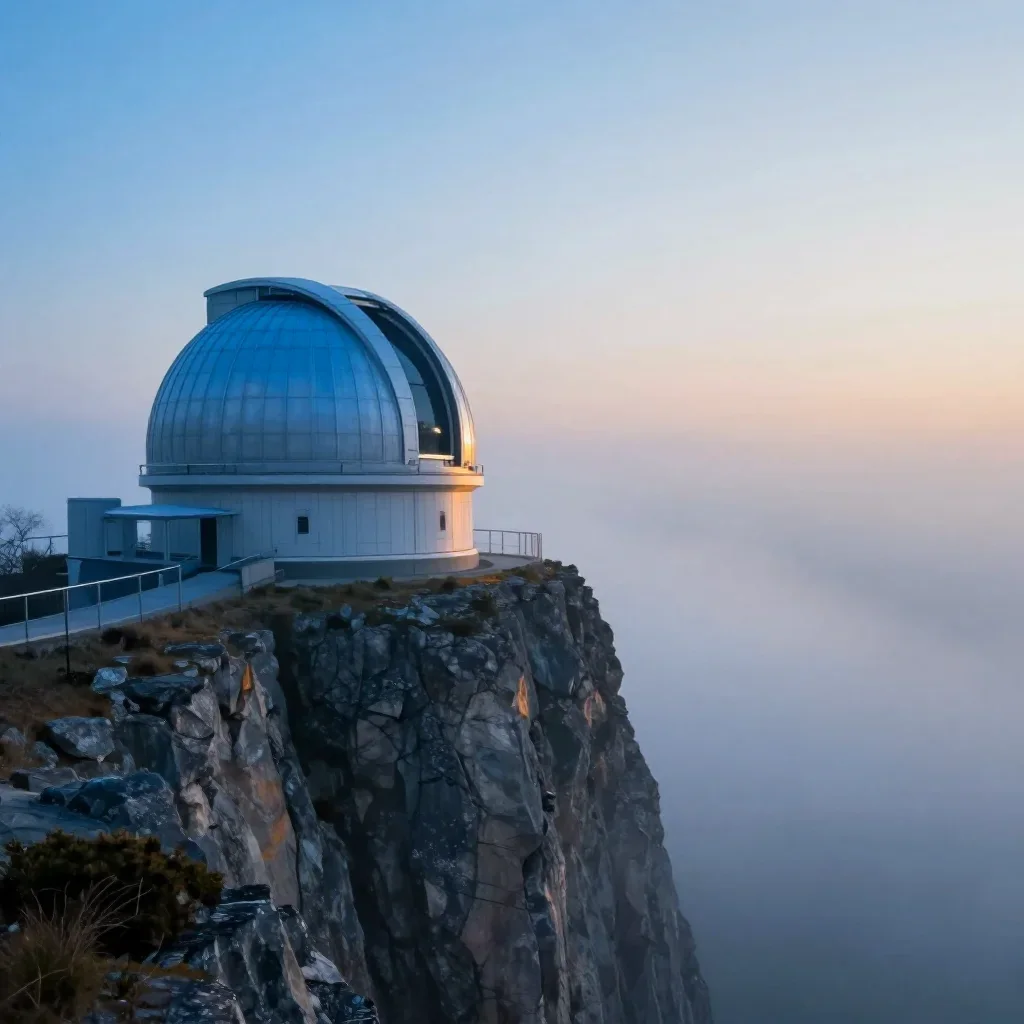 a cliffside observatory under soft dawn fog, quiet science-fiction concept art, clean natural textures, cobalt and amber