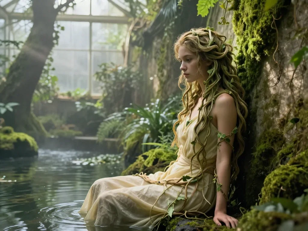 a dryad with vine-woven hair in a forest pool in a wind-swept lean against a wall, in a greenhouse humid with mist, cine