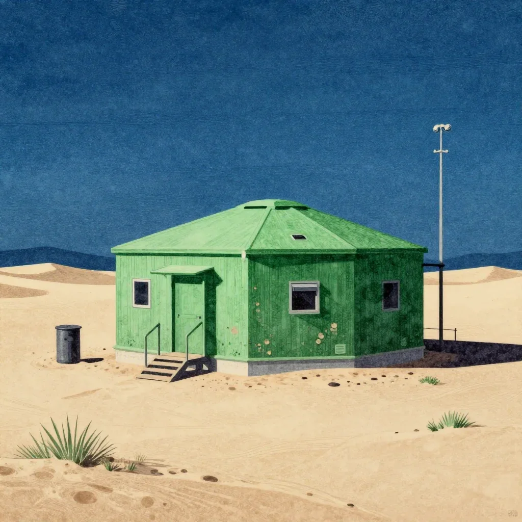 a desert research station at blue hour, Japanese woodblock-inspired editorial art, weathered tactile surfaces, moss gree