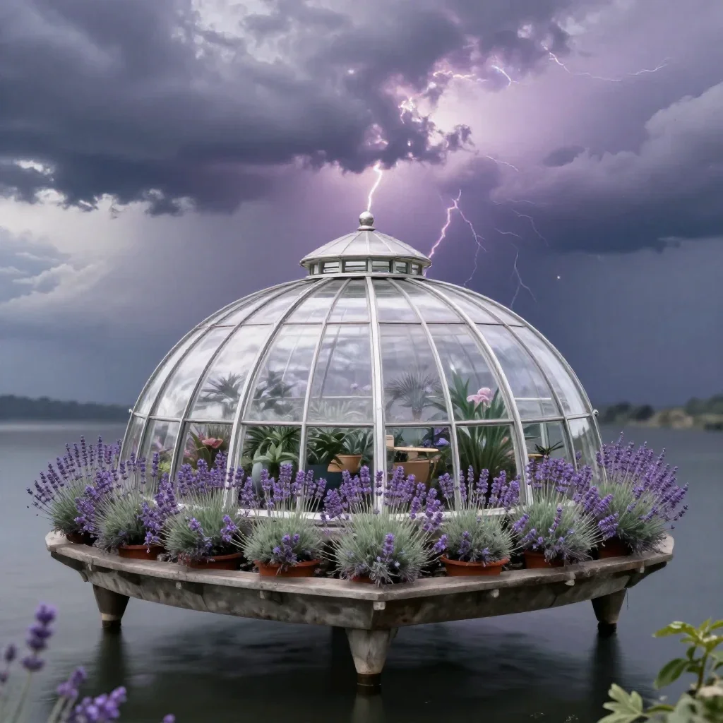 a floating botanical conservatory after a distant thunderstorm, refined editorial travel photography, soft volumetric li