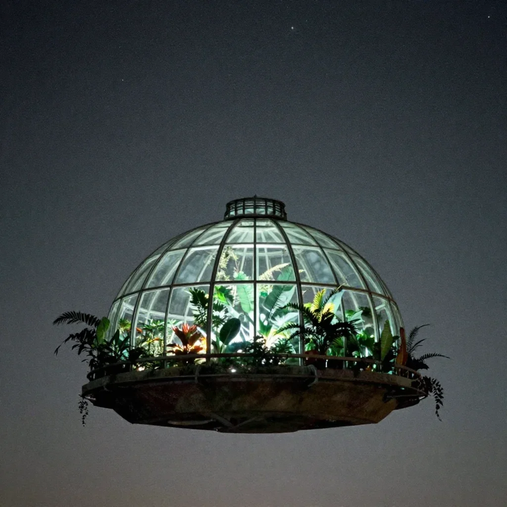 a floating botanical conservatory beneath a star-filled sky, soft-grain analog film photography, clean natural textures,