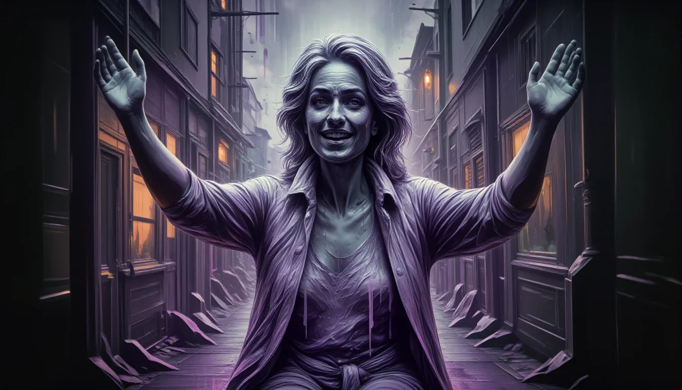 a sculptor at rest in a linen shirt, dust-hazed in a bold, open-armed welcome, in a rain-slick neon alley, cinematic fil