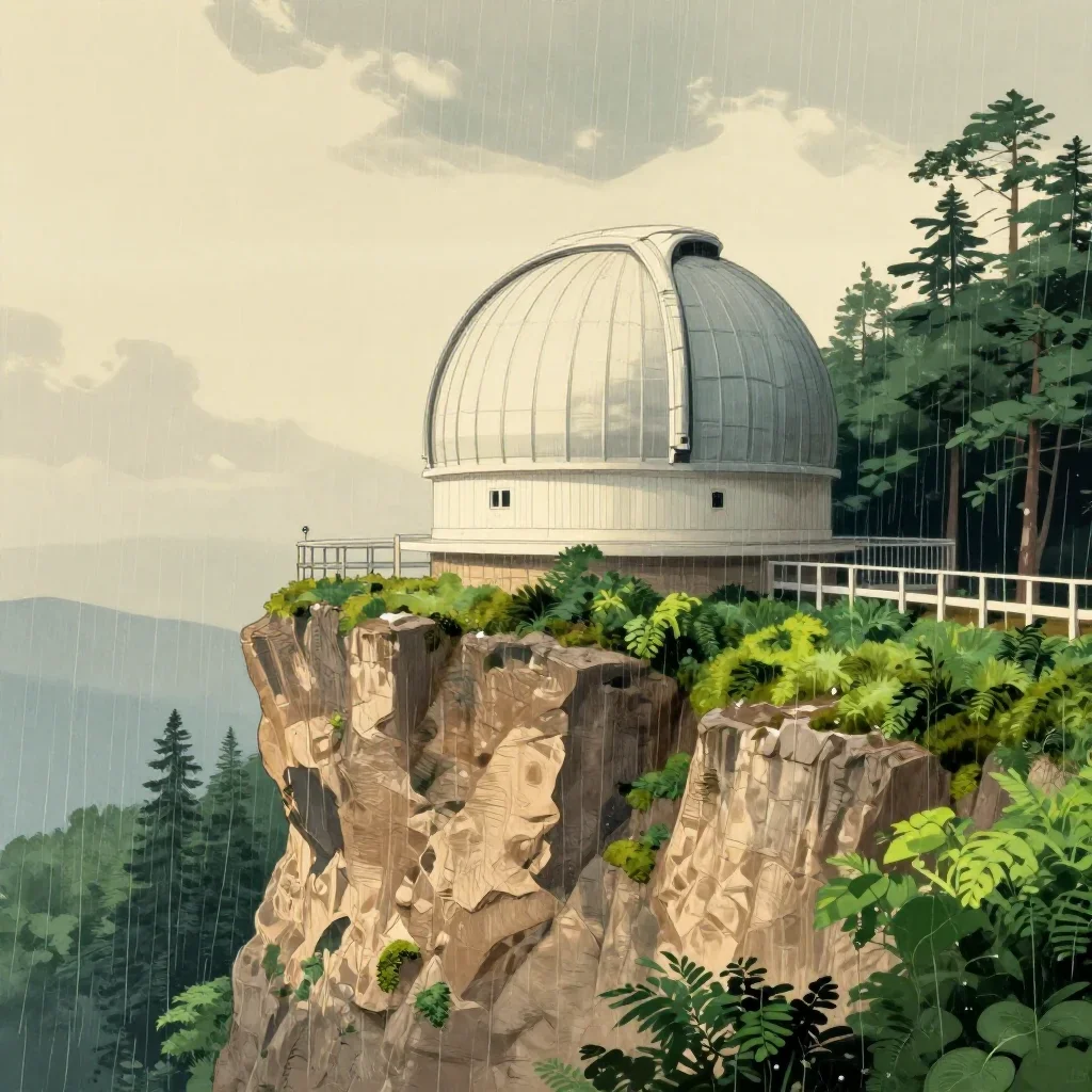 a cliffside observatory after warm summer rain, Japanese woodblock-inspired editorial art, clean natural textures, moss