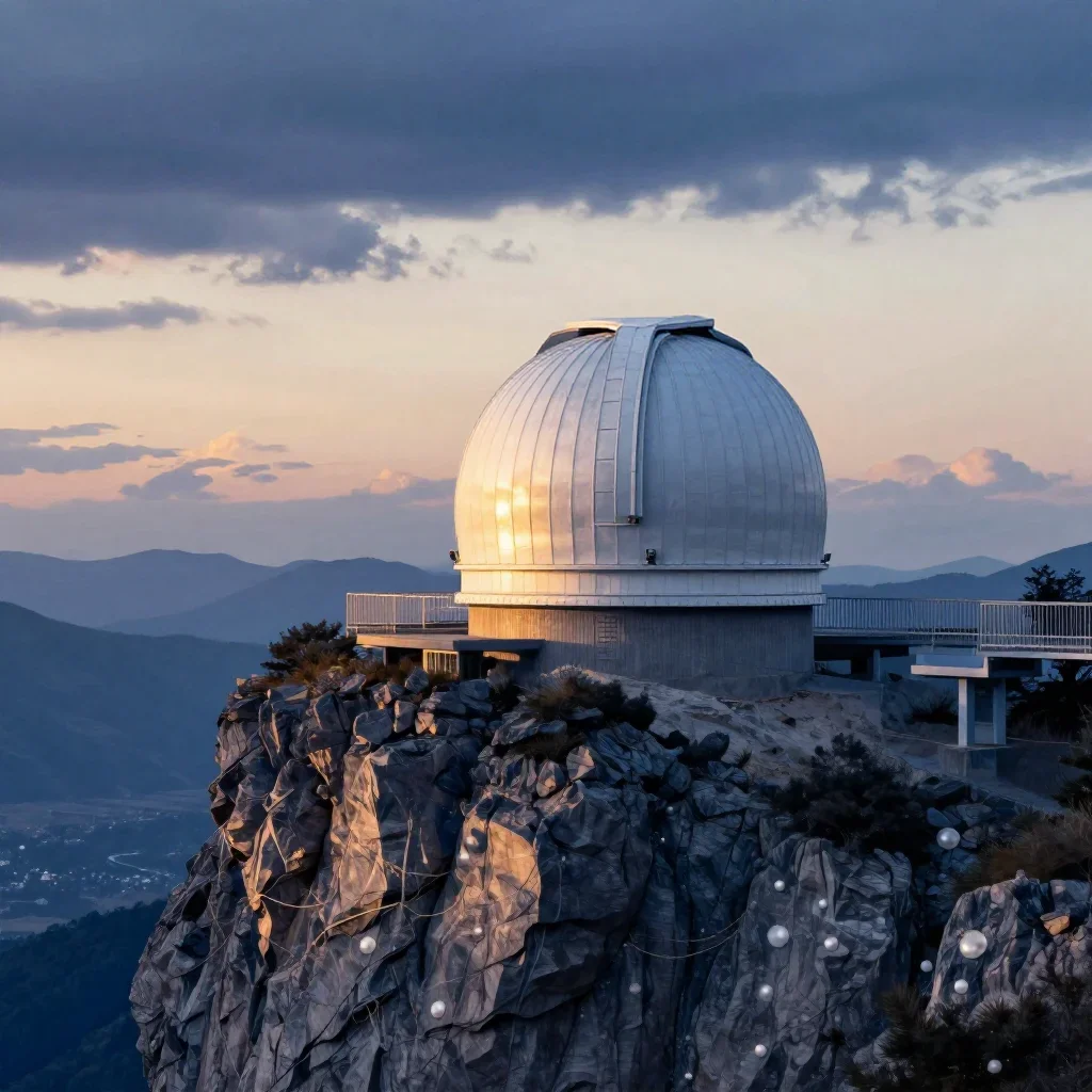 a cliffside observatory during golden hour, Japanese woodblock-inspired editorial art, gentle reflected light, indigo an