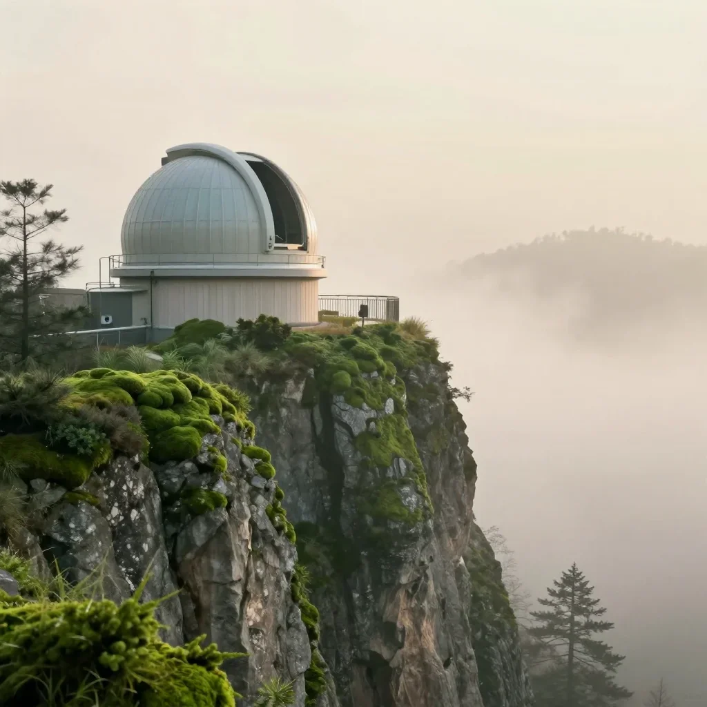 a cliffside observatory under soft dawn fog, contemporary botanical illustration, atmospheric depth, moss green and crea