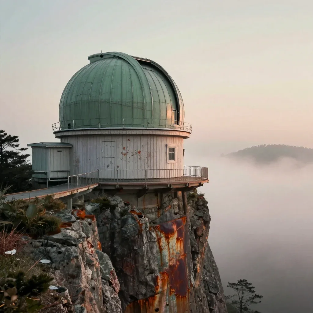 a cliffside observatory under soft dawn fog, Japanese woodblock-inspired editorial art, weathered tactile surfaces, rust and sage palette, no people, no text, no logo, no watermark