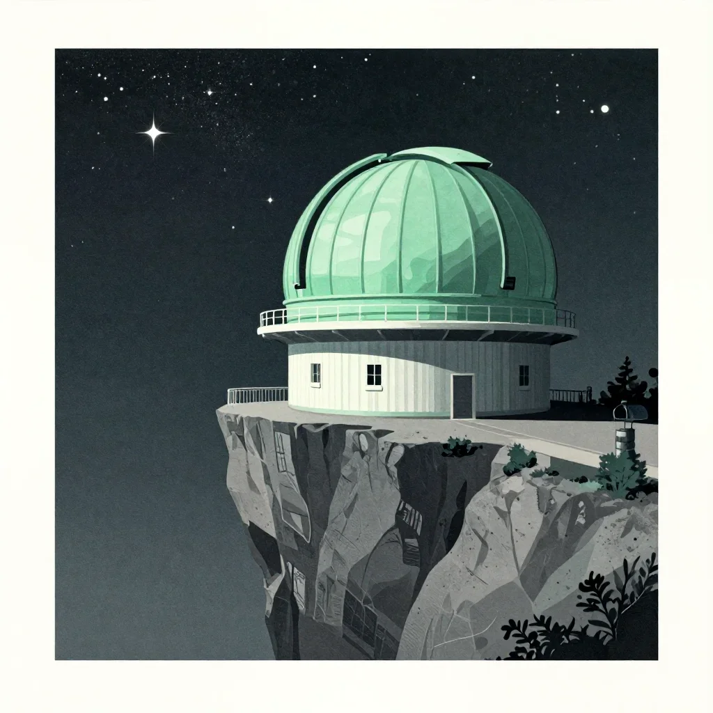 a cliffside observatory beneath a star-filled sky, modernist poster illustration, subtle film grain, jade and charcoal p