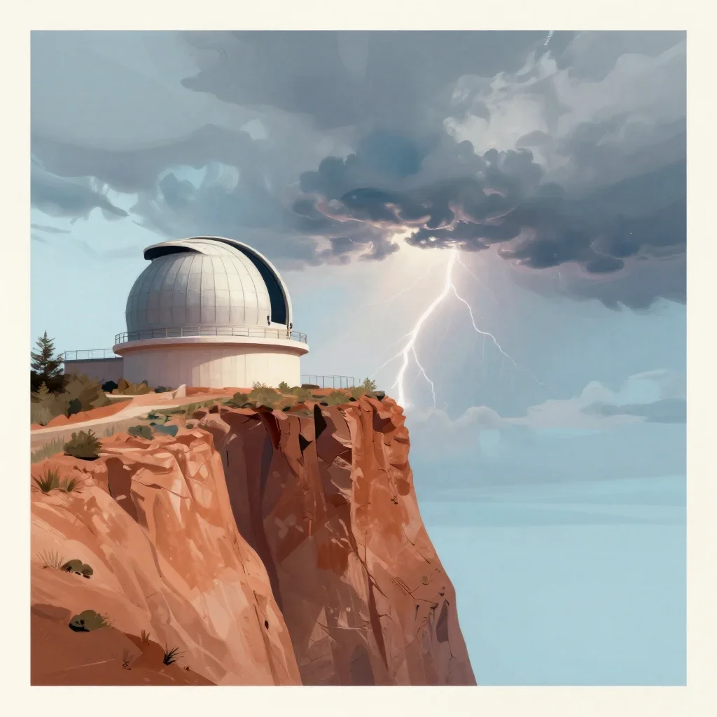 a cliffside observatory after a distant thunderstorm, modernist poster illustration, clean natural textures, terracotta 