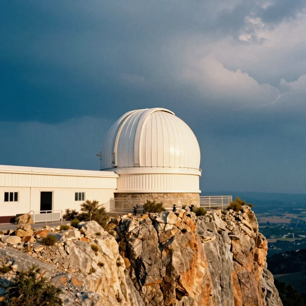 a cliffside observatory after a distant thunderstorm, soft-grain analog film photography, careful geometric composition,