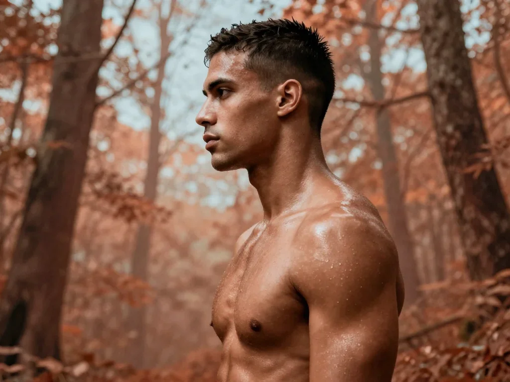 a chiseled athlete in dramatic rim light, oiled skin in a dramatic three-quarter profile, in a dewy forest clearing, Vog