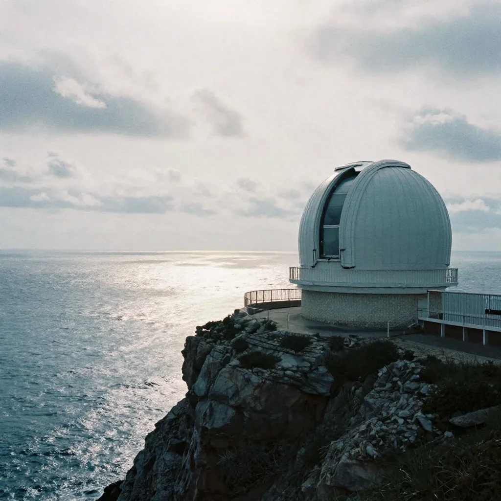 a cliffside observatory under overcast coastal light, soft-grain analog film photography, gentle reflected light, indigo