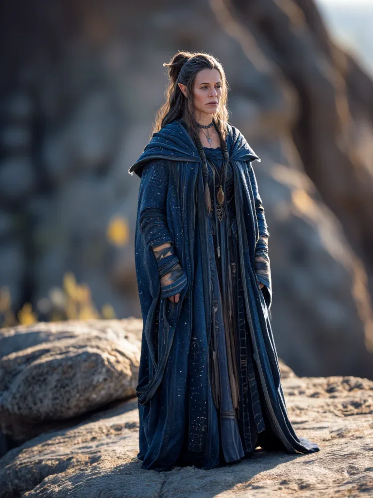 a sorceress in a star-lit midnight cloak standing tall with hands in pockets, on a sun-drenched cliffside, cinematic fil