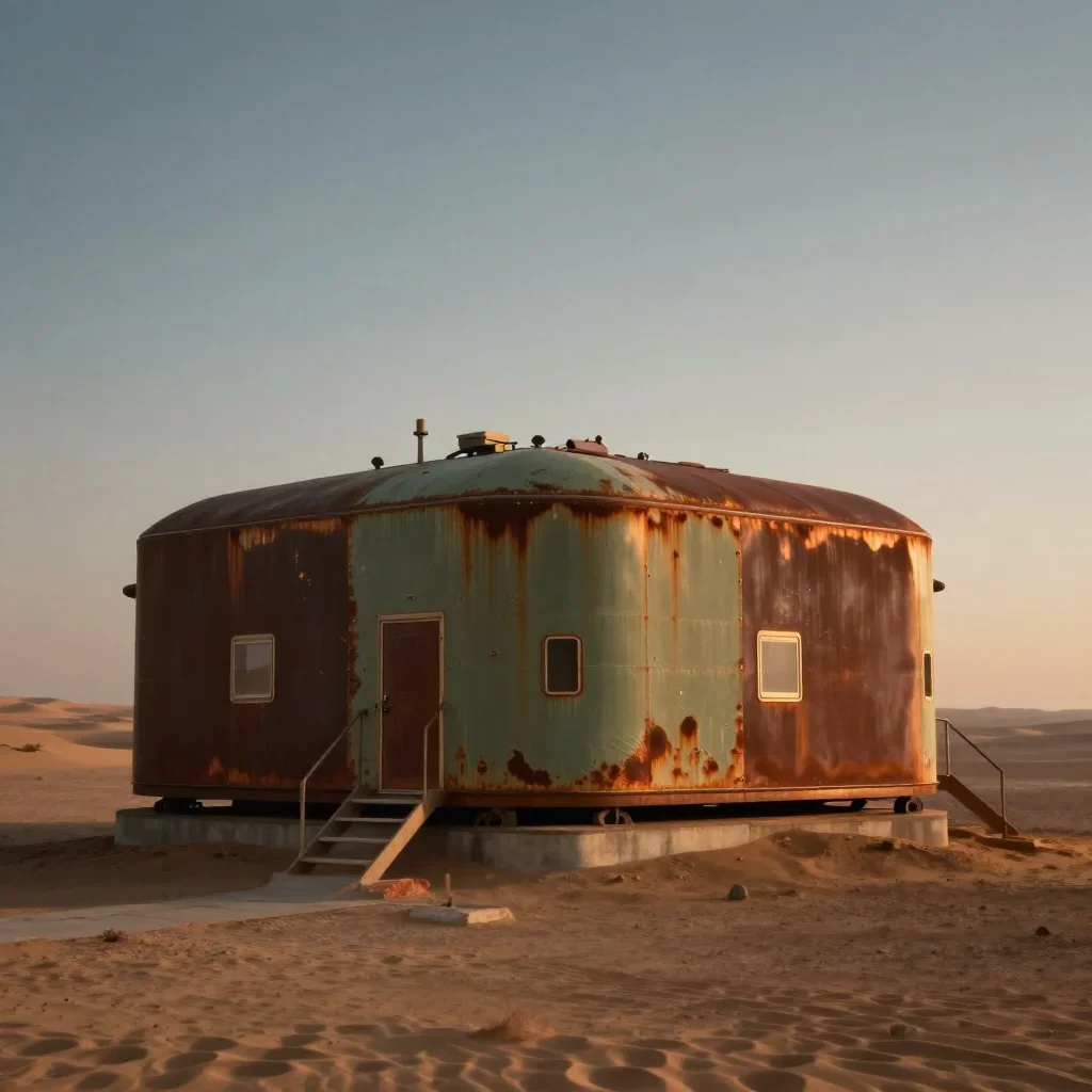 a desert research station in quiet late-afternoon haze, cinematic architectural photography, atmospheric depth, rust and