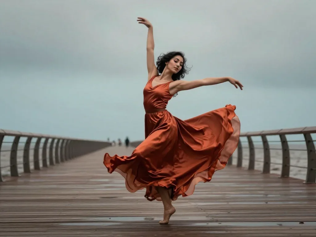 a dancer mid-spin in a silk maxi dress in a graceful contrapposto pose, on a storm-washed boardwalk, Wong Kar-wai colour