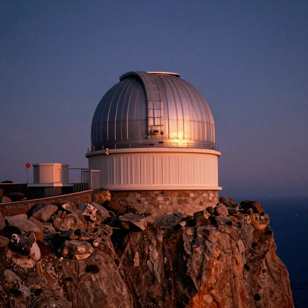 a cliffside observatory at blue hour, cinematic architectural photography, subtle film grain, ochre and ultramarine palette, no people, no text, no logo, no watermark