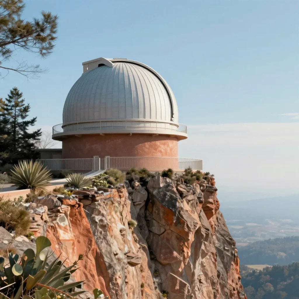 a cliffside observatory in crisp winter sunlight, contemporary botanical illustration, atmospheric depth, terracotta and