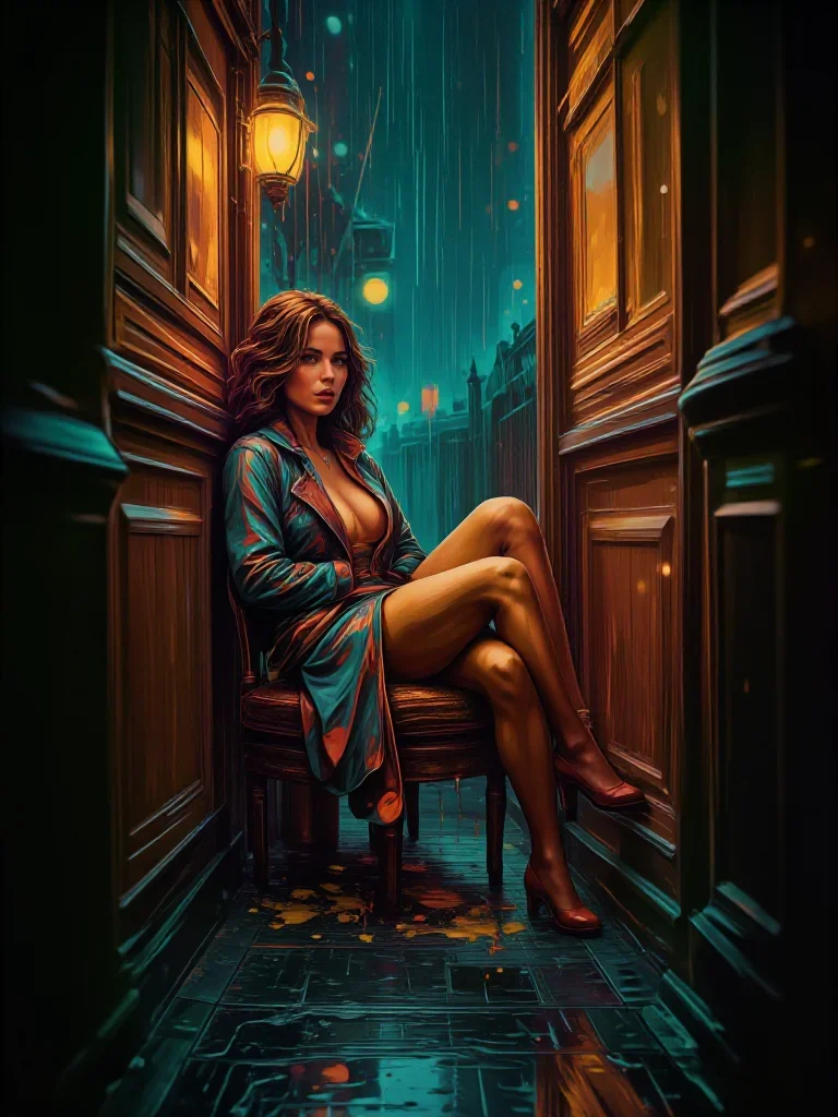 a noir detective's femme fatal muse in a trench coat reclining elegantly on a chaise, in a rain-slick neon alley, cinema