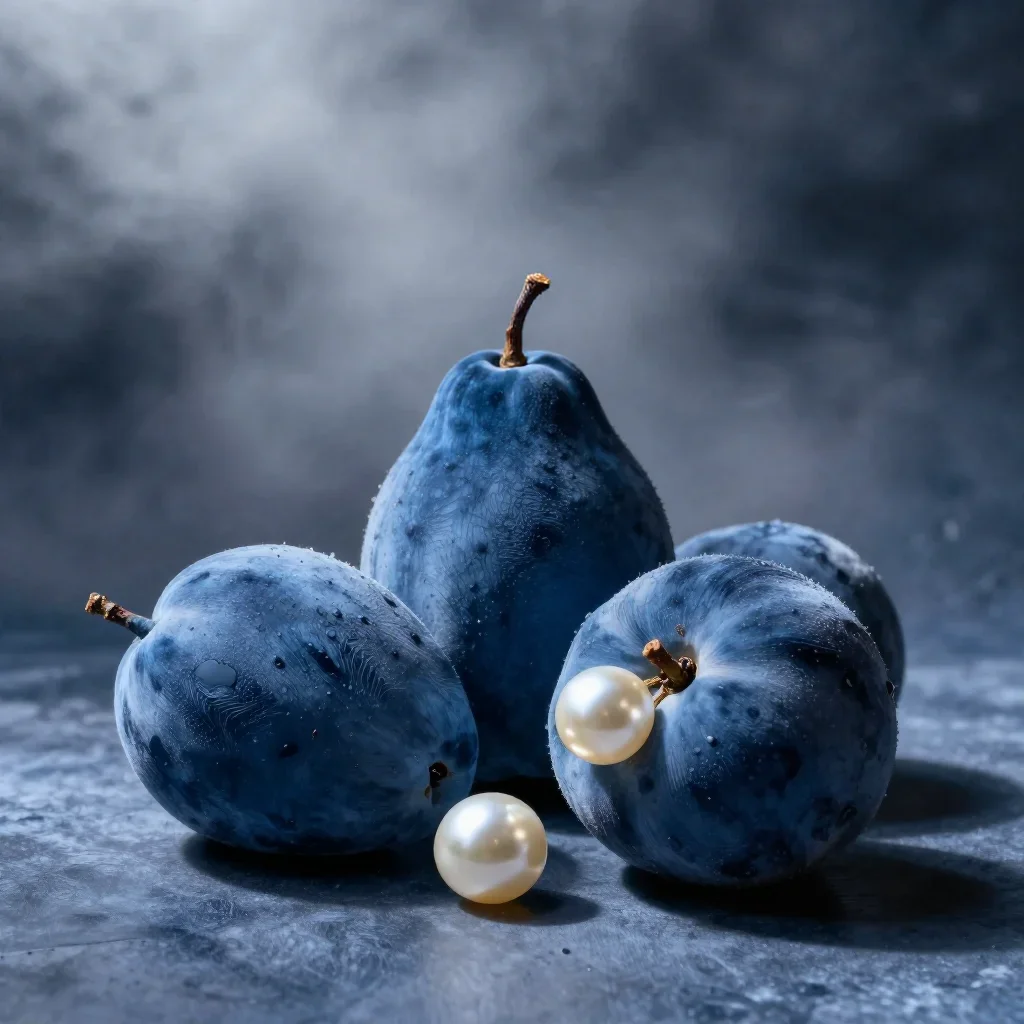 a summer stone-fruit still life in early spring mist, museum-quality still-life photography, crisp material detail, indi